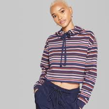 Womens Striped Cropped Boxy Hoodie Wild Fable Navy S