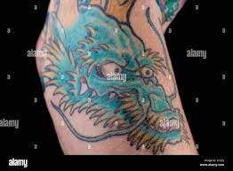 Une vue d'un bleu/vert tatouage de dragon dans le style japonais sur l'avant -bras, le coude et le biceps d'un homme blanc isolé sur un bl Photo Stock -  Alamy