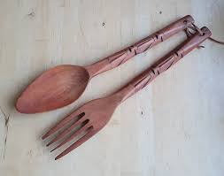 Big Carved Wooden Spoon And Fork Tiki