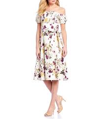 Antonio Melani Kris Stretch Sateen Floral Print Off The Shoulder Tie Waist A Line Midi Dress