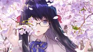 Black haired female anime character illustration. 307637 Anime School Girl Glasses Cherry Blossom 4k Wallpaper Mocah Org