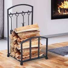 Homcom Firewood Log Rack Storage Holder Stand With Tool Kit Metal Indoor Outdoor Black