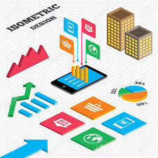 Isometric Design Graph And Pie Chart Online Shopping Icons