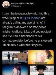 the translator's absolutely bizarre defence for gendering megumi's line in  the english subs : r/JuJutsuKaisen