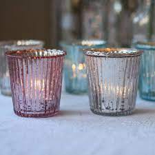 Ribbed Glass Tea Light Holders Silver