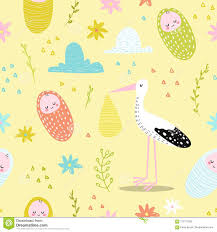 Baby Shower Seamless Pattern With Cute Stork And Newborn Child Baby