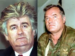 Radovan Karadžić (left), former president of Republika Srpska, and Ratko  Mladić (right), former Chief of Staff of the Army of the Republika Srpska;  both charged with war crimes, including genocide, by the