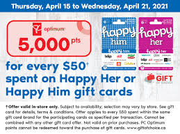 You are free to use the same gift card multiple times, at any of the participating brands until the card balance is $0. Fortinos Starting Today Get 5 000 Pc Optimum Points For Every 50 Spent On Happy Her Or Happy Him Gift Cards Facebook