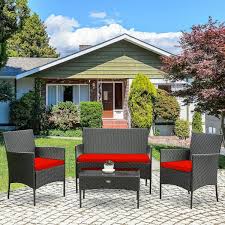 4 Pcs Wicker Patio Conversation Set With Loveseat Tempered Glass Coffee Table Red