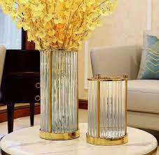 Glass Reeded Circular Vases With Gold