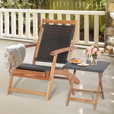 2 piece acacia wood folding wicker patio lounge chair side table set with retractable footrest