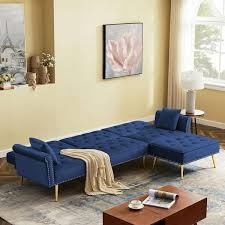 Modern Velvet Upholstered Reversible Sectional Sofa Bed L Shaped Couch With Movable Ottoman And Nailhead Trim For Living Room Rosdorf Park Fabric B