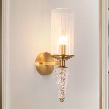 Indoor Wall Light Fixture With Cylindrical Clear Glass Shade Mid Century 1 Head Wall Sconce In Brass Beautifulhalo Com