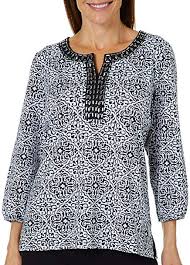 Cathy Daniels Womens Scroll Damask Jeweled Neck Top At