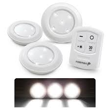 Fosmon Wireless Led Puck Light 3 Pack With Remote Control Under Cabinet Lighting 5 Led Wide Floodlight Style Soft White 30lm 30 Minute Timer Battery Operated For Kitchen Closet Bedroom Bathroom Sold By