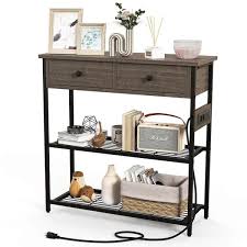 Narrow Console Table With 2 Drawers And 2 Metal Mesh Shelves Gray Costway