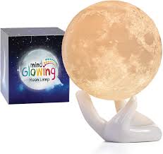 Amazon Com Mind Glowing 3d Moon Lamp Warm And Lunar White Night Light Mini 3 5in With Ceramic Hand Stand Nursery Decor For Your Baby Birthday Gift Idea For Women Home Kitchen