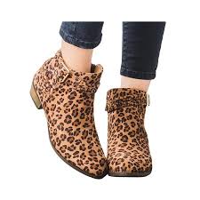 Womens Leopard Ankle Boot Block Pointed Toe Work Buckle Zipper Shoes