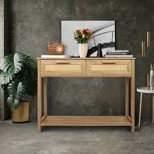 Tileon Natural Console Table With 2 Drawers Sofa Table With Open Storage Shelf Narrow Accent Table With Rattan Design Light Brown Wood