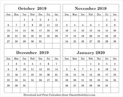 4 Month Calendar October 2019 January 2020 Printable