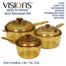 visions 3pc glass saucepan cookware set