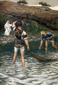 This story illustration shows peter pulling in the fishing nets when he sees jesus. Jesus Calls His First Disciples Ray Downing