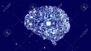 Renderizado 3D Avanzado De Un Robot Que Mira El Cerebro Con Circuitos  Brillantes, Fibra óptica, Electrodomésticos, Un Plazma Que Mira Microchips  De CPU, Del Color Azul Claro En El Fondo Azul Oscuro.