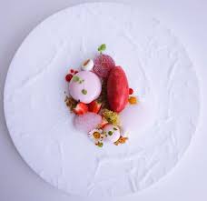 A beautiful serving of chocolate fondant with an ice cream ball, mint and a cup of coffee with marshmallow. Rhubarb Bavarois Oat Crumble Strawberry Sorbet Rose Wine Pate A Fruit Rose Wine Foam Summer Uk London Fine Dining Desserts Desserts Sorbet Dessert