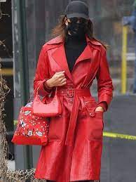 Irina Shayk Red Leather Trench Coat Glj