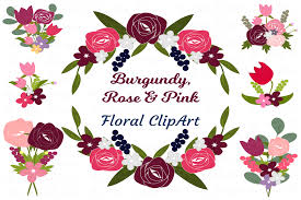 Burgundy Maroon Pink Floral Roses Sublimation Clipart Bundle