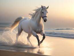 free white horse image running on the beach
