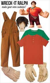Wreck it ralph's costume is a green undershirt, an orange shirt, and brown overalls. How To Make A Diy Wreck It Ralph Costume For Halloween