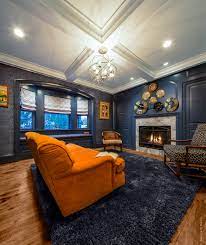 orange living room with blue walls