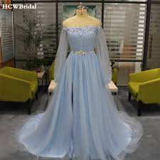 Us 128 59 23 Off Light Blue Long Sleeve Evening Dress Sweep Train High Split Pearls Lace Tulle Prom Gowns 2019 Custom Made Women Occasion Dresses In