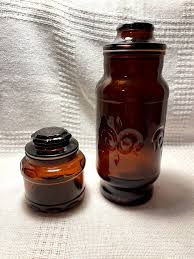 2 Vintage Brown Amber Glass Canister