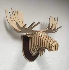 Wooden Moose Head Trophy Birch Wood