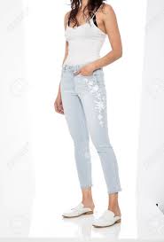 Crease Clips Slim Women S Light Blue Jeans Double Black Jeans Stock Photo Picture And Royalty Free Image Image 134959698
