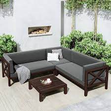 Forclover 4 Piece Brown Wood Outdoor Patio Sectional Sofa Set With Gray Cushions