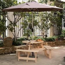 Gardenised Natural 6 Person Round Wooden Outdoor Picnic Table With Bench For Patio With Umbrella Hole