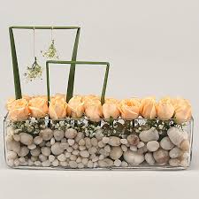 Peach Roses In Rectangular Glass Vase
