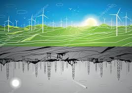 Vektor energie panorama, zelená energie a znečišťující energie, větrné  mlýny a ekologii proti ropné plošiny a ropných — Stock Vektor © panimoni  #62419025