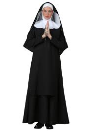 This costume features a woven robe, painted foam mask, and veil. Deluxe Nun Costume