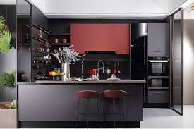 gray and red kitchen furniture in matte