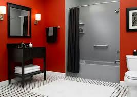 The red tiles used on a small side of the wall and decors gave a dramatic effect to this. Red Bathroom Bathroom Red Red Bathroom Decor White Bathroom Decor