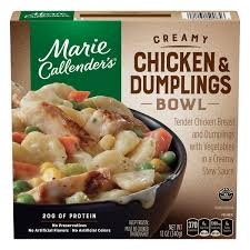 A collection of side by side cooked frozen dinner comparisons where the left is the marketing version of the box and the right is the results of following. Save On Marie Callender S Creamy Chicken Dumplings Bowl Order Online Delivery Martin S