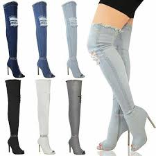 Womens Ladies Over The Knee Boots Thigh High Heels Stilettos Stretch Denim Size Ebay