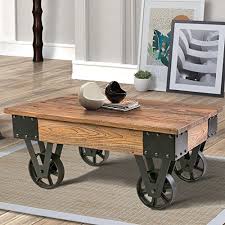 Dropshipping custom rustic wood furniture. Solid Wood Coffee Metal Wheels End Table Living Room Set Rustic Brown