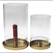 Brass Tray Hurricane Clear Glass Round