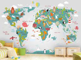 World Map Wall Mural In Teal And Light