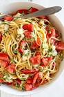 summer spaghetti with tomatoes and brie